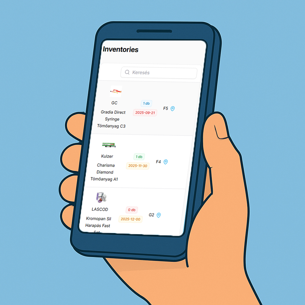 Raktár nézet mobilon